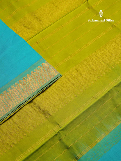 Beautiful Sapphire Blue Plain Semi Silk Cotton Saree With Contrast Parrot Green Blouse