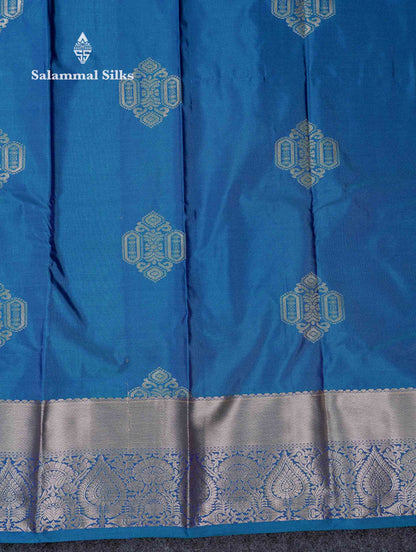 Beautiful Dual Tone Peacock Blue Zari Butta Semi Silk Saree With Traditional Border