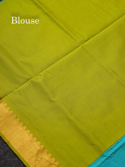 Beautiful Sapphire Blue Plain Semi Silk Cotton Saree With Contrast Parrot Green Blouse
