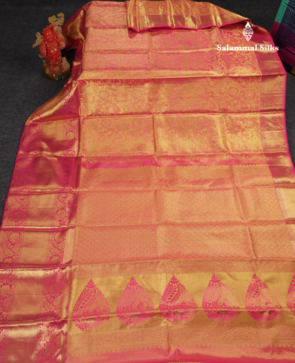 Beautiful Dual Tone Pinkish Peach Tissue Bridal Pure Kanjivaram Silk Saree With Contrast Pink Traditional Evening Morning Border
