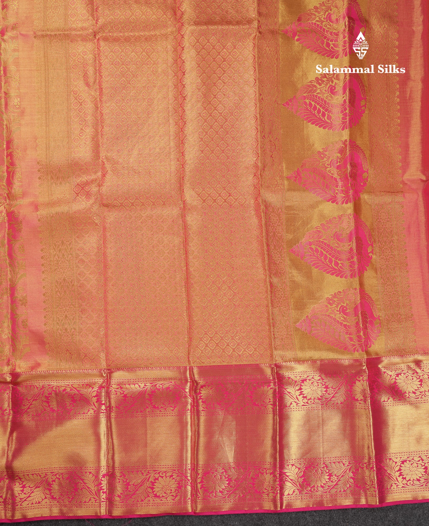 Beautiful Dual Tone Pinkish Peach Tissue Bridal Pure Kanjivaram Silk Saree With Contrast Pink Traditional Evening Morning Border