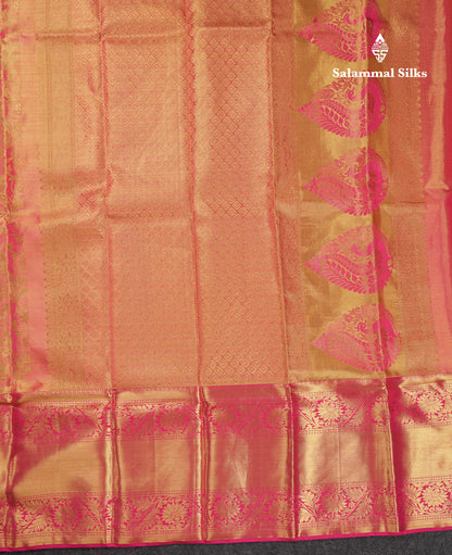 Beautiful Dual Tone Pinkish Peach Tissue Bridal Pure Kanjivaram Silk Saree With Contrast Pink Traditional Evening Morning Border