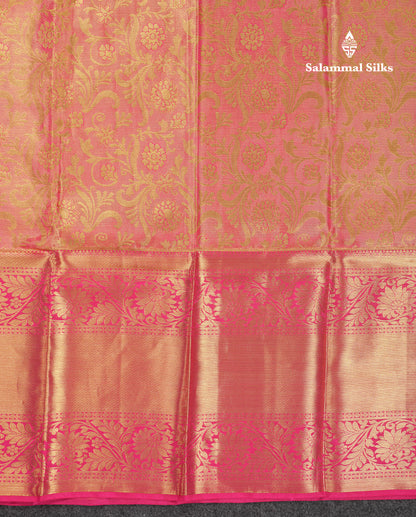 Beautiful Dual Tone Pinkish Peach Tissue Bridal Pure Kanjivaram Silk Saree With Contrast Pink Traditional Evening Morning Border