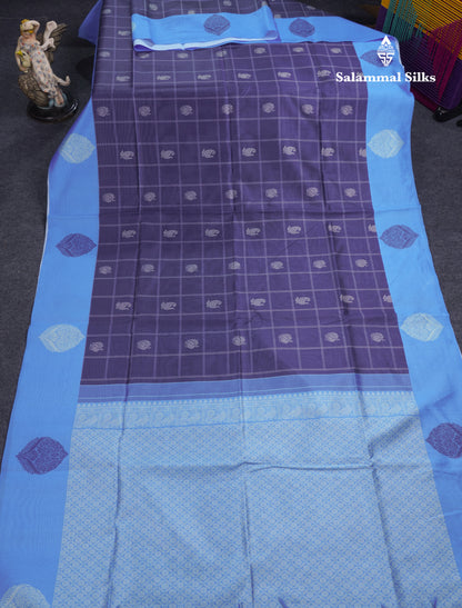 Rama Blue Checks With Butta Semi Tussar Saree With Contrast Sky Blue Fancy Border