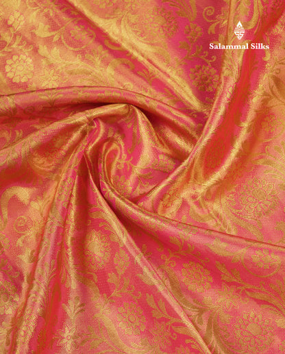 Beautiful Dual Tone Pinkish Peach Tissue Bridal Pure Kanjivaram Silk Saree With Contrast Pink Traditional Evening Morning Border