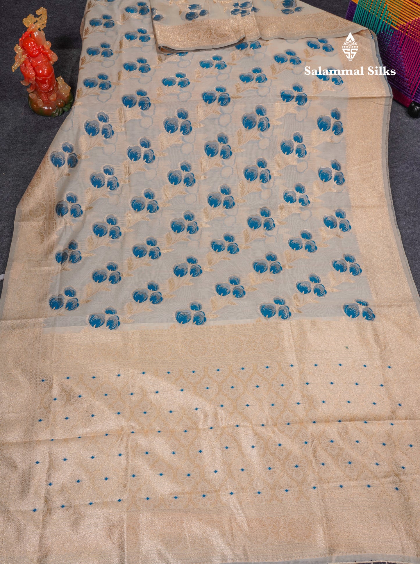Beautiful Half White Navy Blue Meenakari Work Cotton Mix Saree With Fancy Border