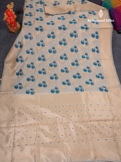 Beautiful Half White Navy Blue Meenakari Work Cotton Mix Saree With Fancy Border