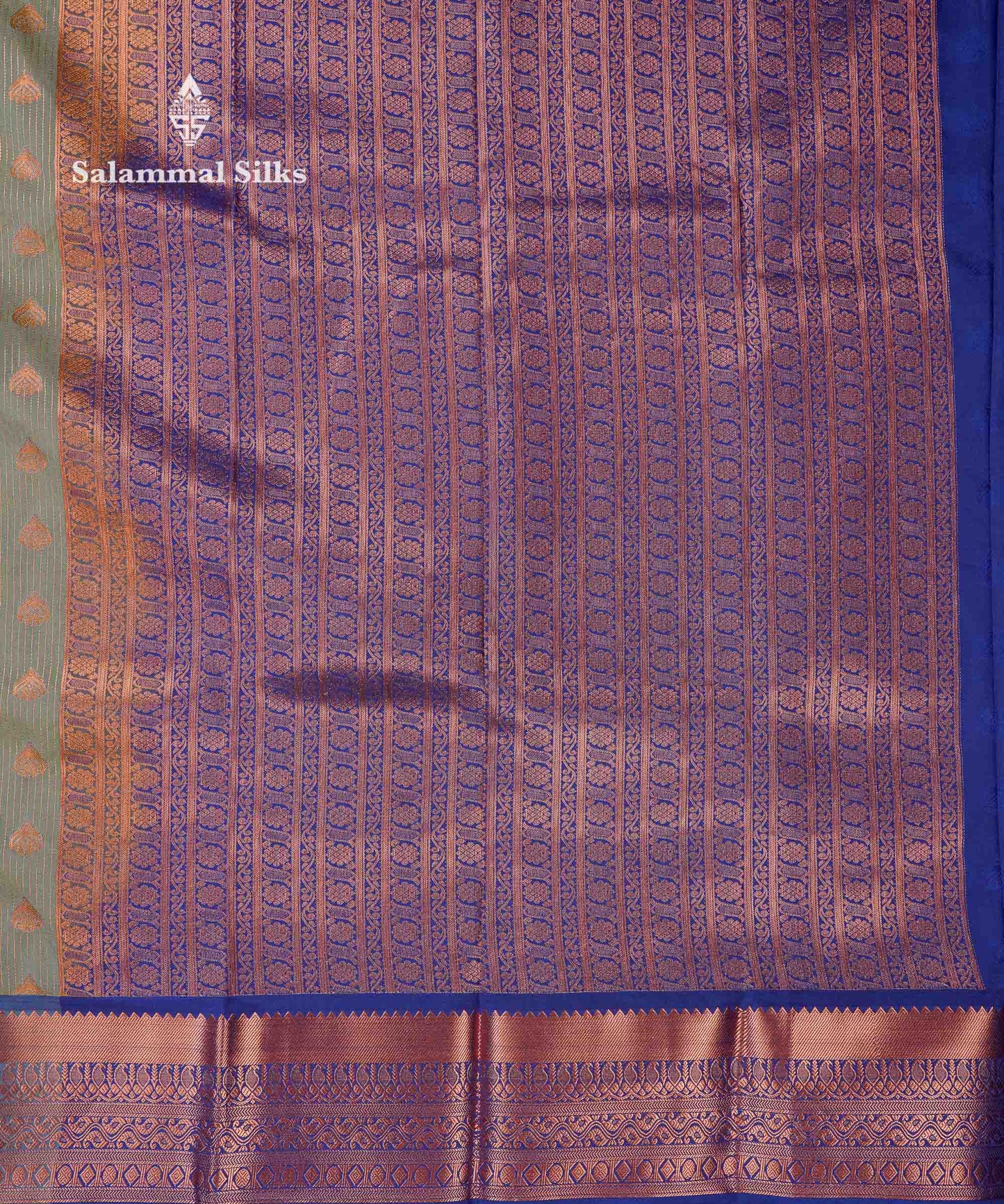 Beautiful Light Elaichi Green Zari Lines With Butta Semi Silk Saree With Contrast Dual Tone Blue Traditional Border