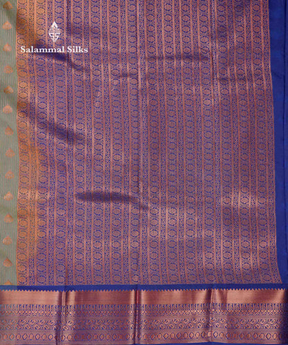 Beautiful Light Elaichi Green Zari Lines With Butta Semi Silk Saree With Contrast Dual Tone Blue Traditional Border