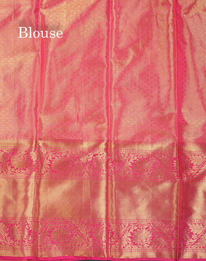 Beautiful Dual Tone Pinkish Peach Tissue Bridal Pure Kanjivaram Silk Saree With Contrast Pink Traditional Evening Morning Border