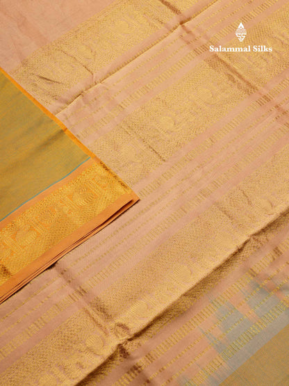 Beautiful Dual Tone Manthulir Green Plain Semi Silk Cotton Saree With Contrast Chocolate Blouse