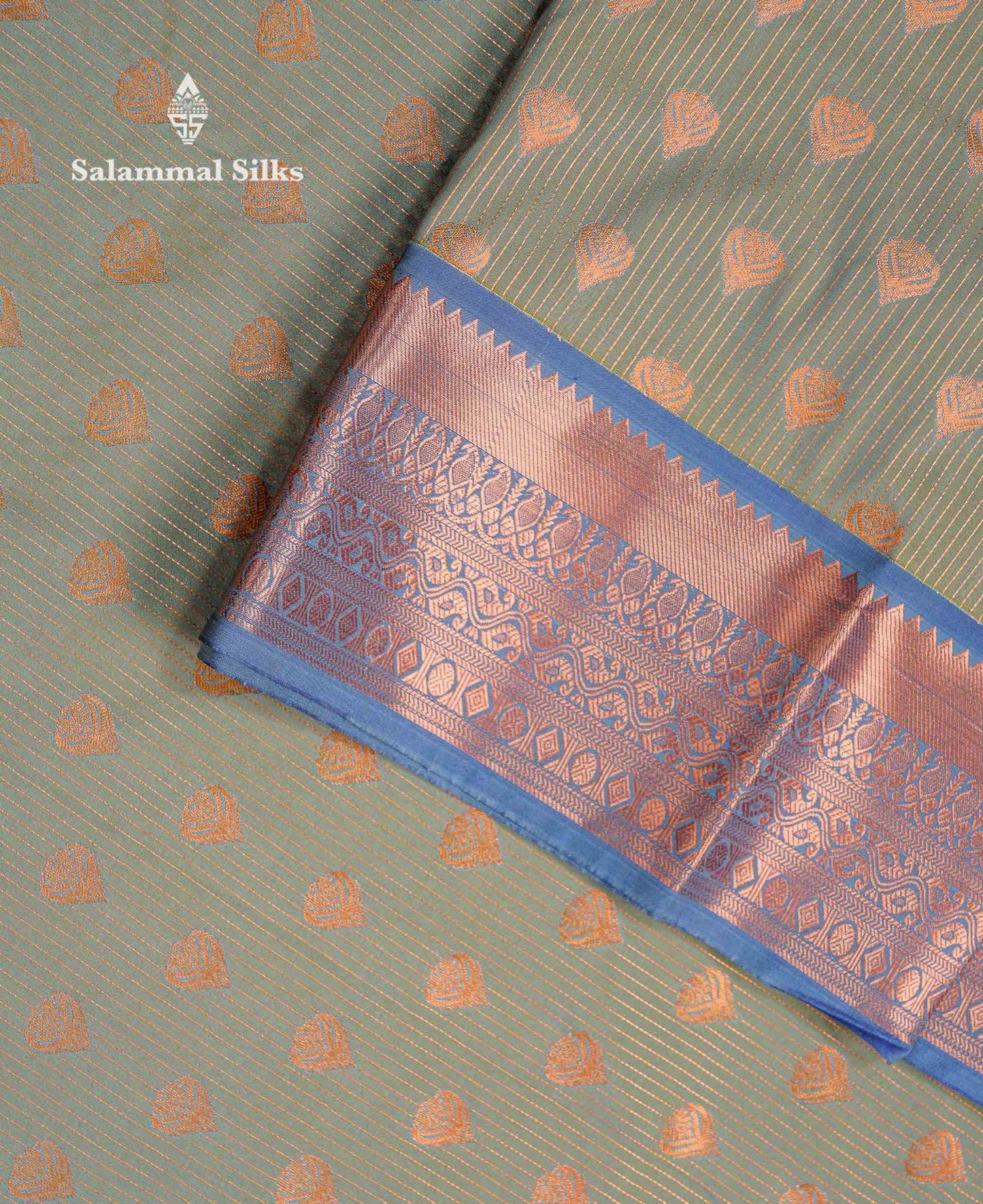 Beautiful Light Elaichi Green Zari Lines With Butta Semi Silk Saree With Contrast Dual Tone Blue Traditional Border