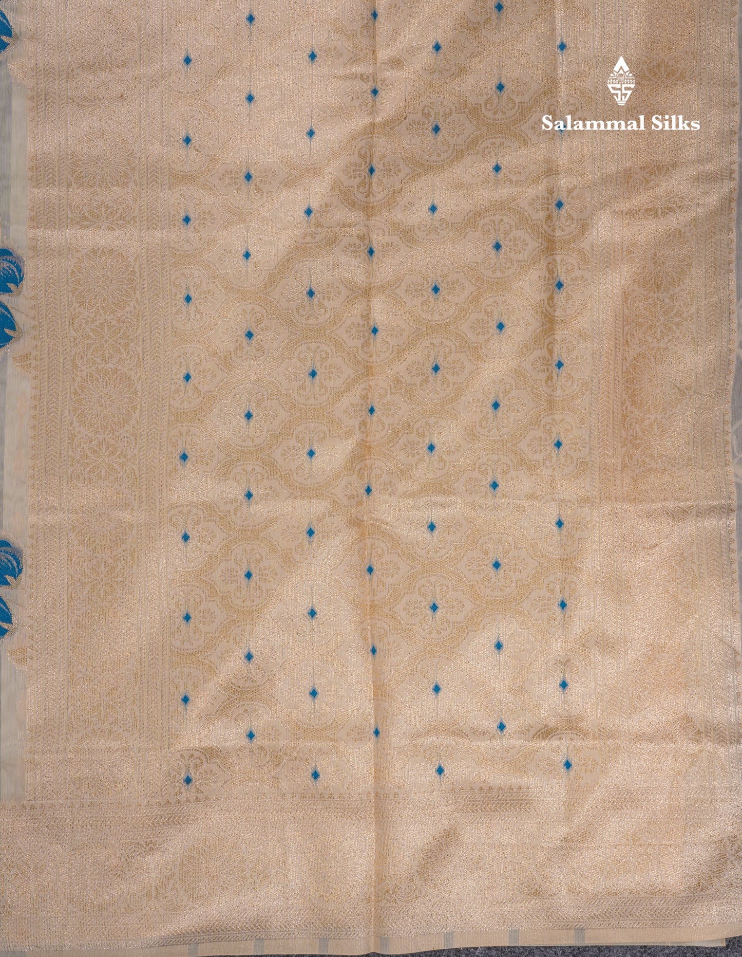 Beautiful Half White Navy Blue Meenakari Work Cotton Mix Saree With Fancy Border