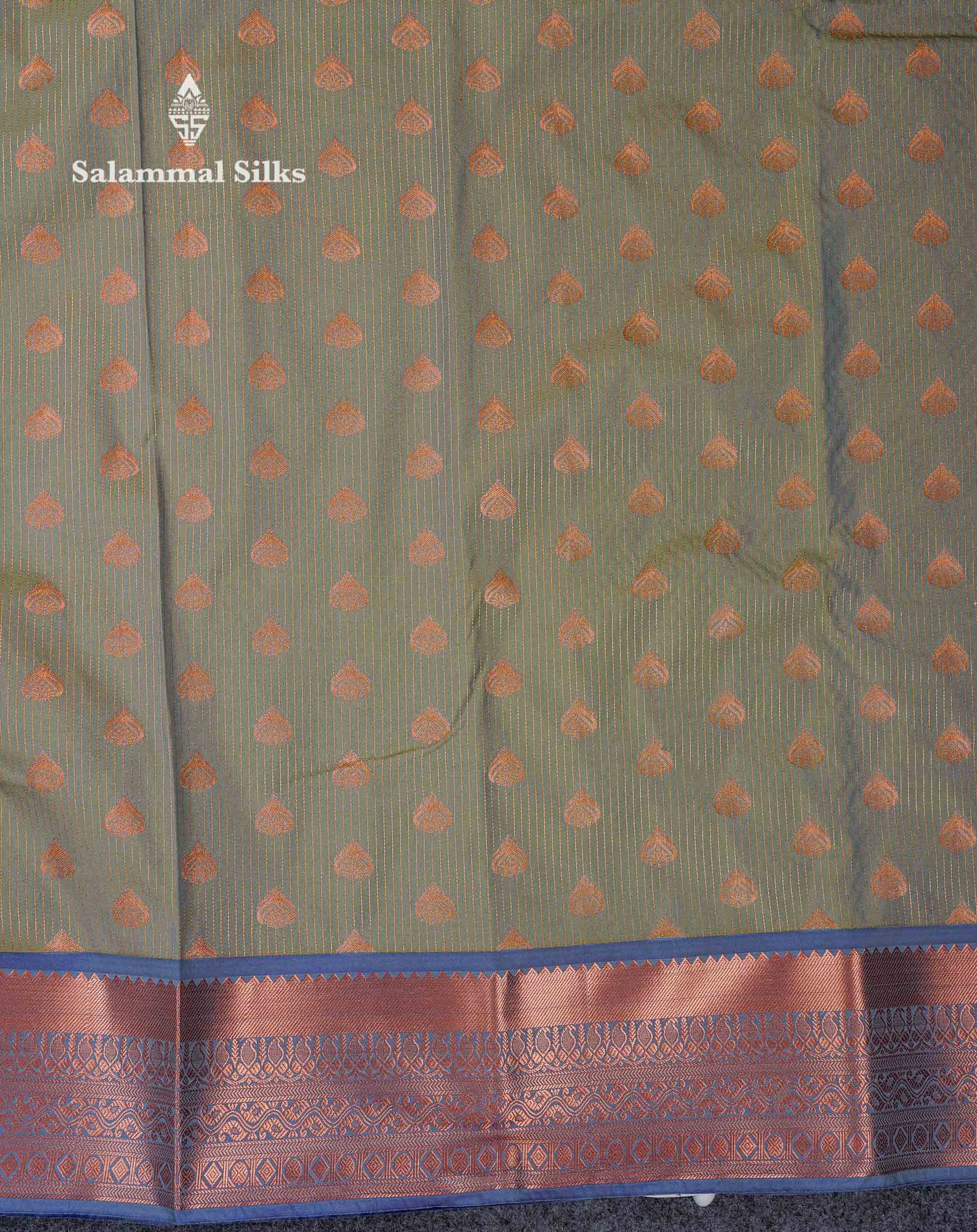 Beautiful Light Elaichi Green Zari Lines With Butta Semi Silk Saree With Contrast Dual Tone Blue Traditional Border