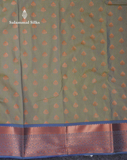 Beautiful Light Elaichi Green Zari Lines With Butta Semi Silk Saree With Contrast Dual Tone Blue Traditional Border