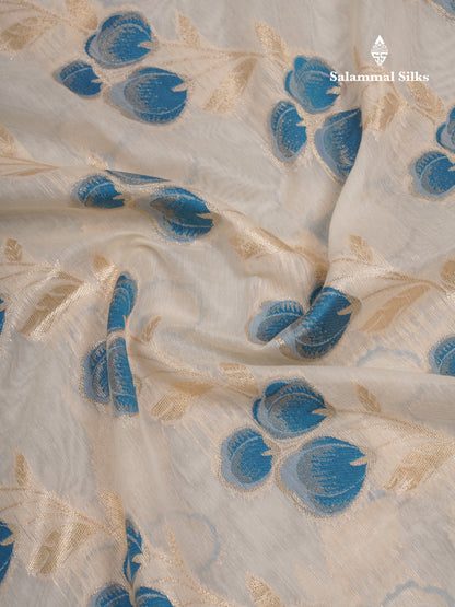 Beautiful Half White Navy Blue Meenakari Work Cotton Mix Saree With Fancy Border