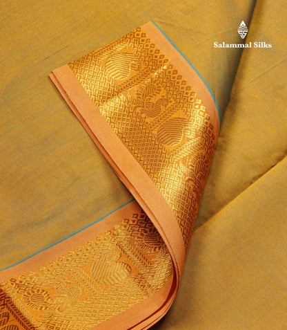 Beautiful Dual Tone Manthulir Green Plain Semi Silk Cotton Saree With Contrast Chocolate Blouse