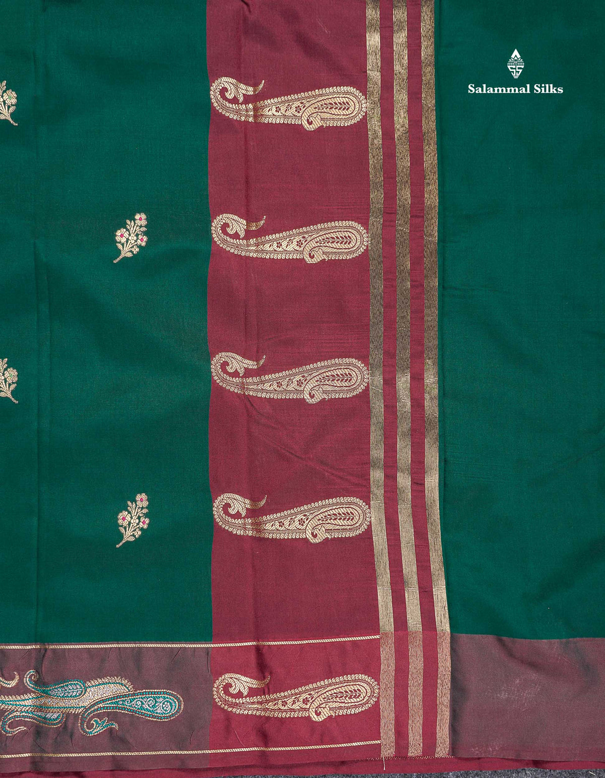 Semi Silk Saree - Bottle Green Colour Body With Contrast Dark Maroon Blouse
