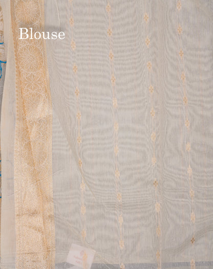 Beautiful Half White Navy Blue Meenakari Work Cotton Mix Saree With Fancy Border