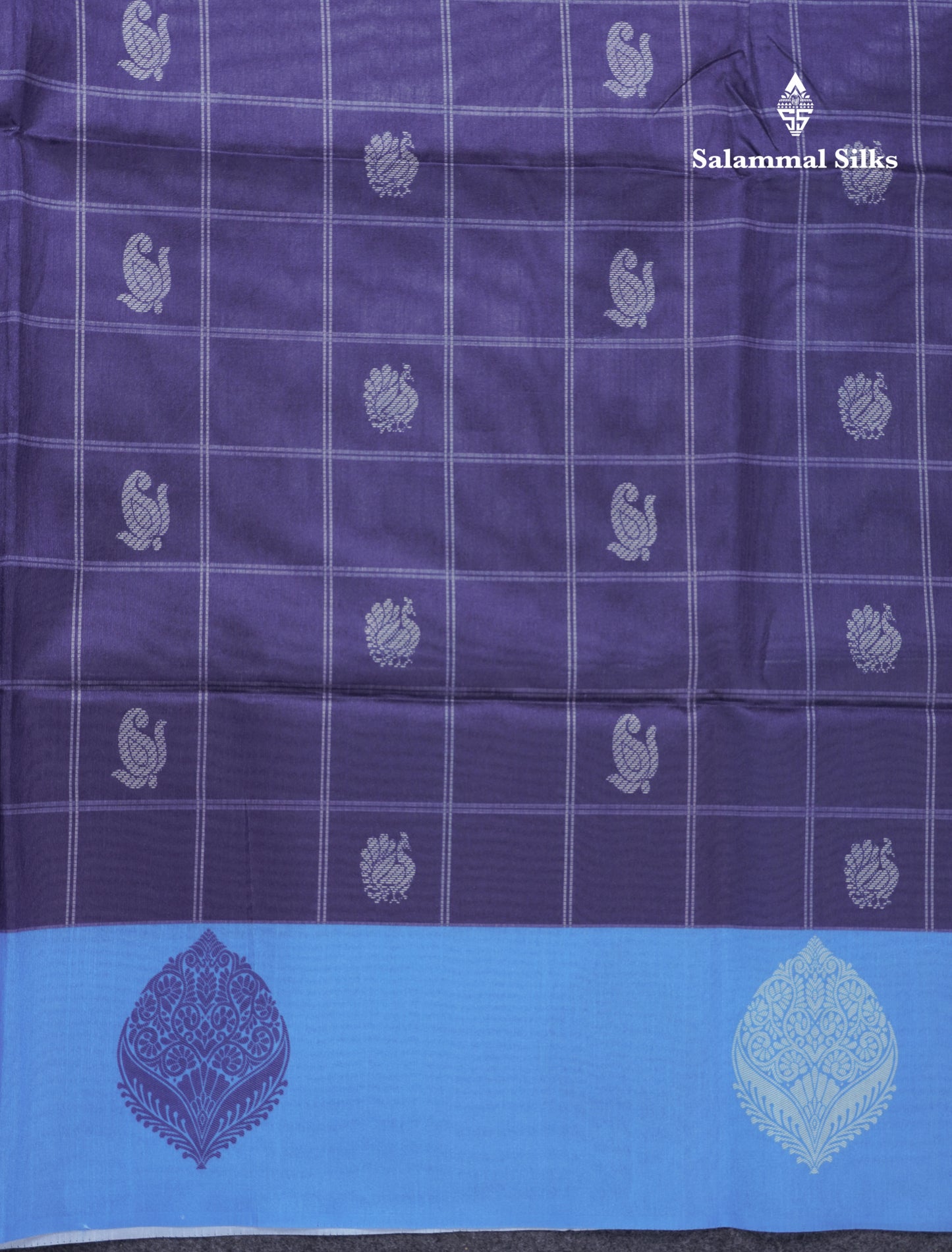 Rama Blue Checks With Butta Semi Tussar Saree With Contrast Sky Blue Fancy Border