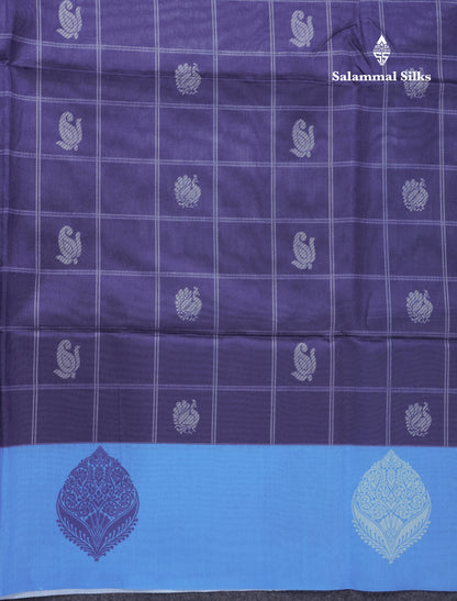 Rama Blue Checks With Butta Semi Tussar Saree With Contrast Sky Blue Fancy Border