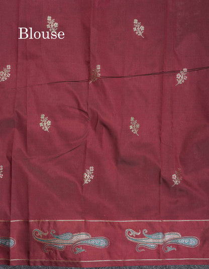 Semi Silk Saree - Bottle Green Colour Body With Contrast Dark Maroon Blouse