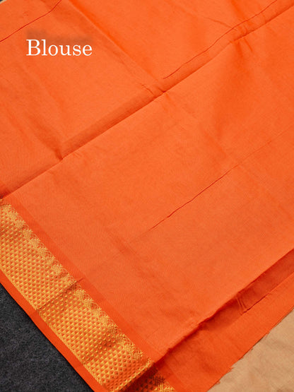 Beautiful Sandal Plain Semi Silk Cotton Saree With Contrast Orange Blouse