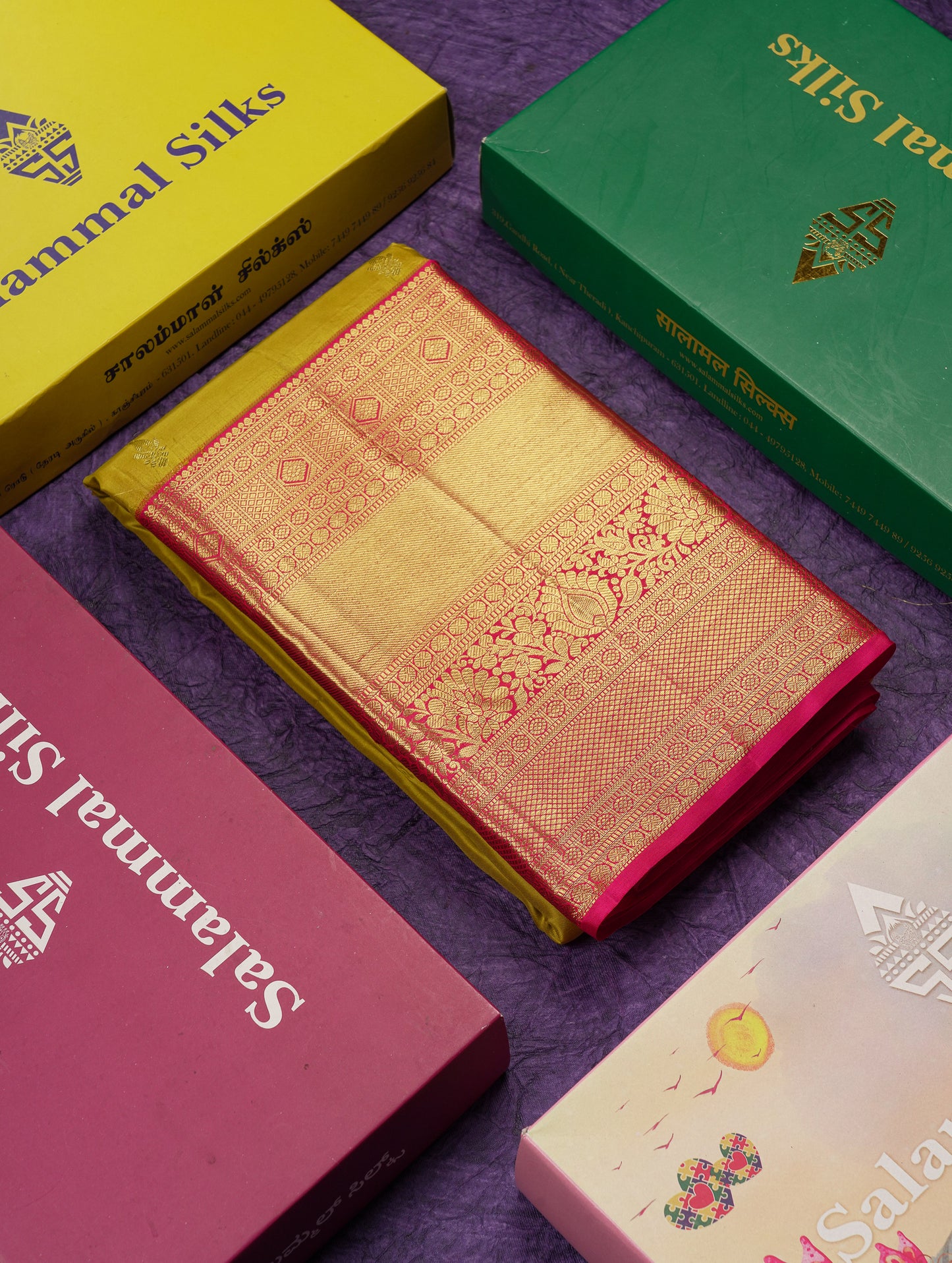 Beautiful Manthulir Yellow Pure Kanjivaram Silk Saree With Contrast Pink Traditional Evening Morning Border