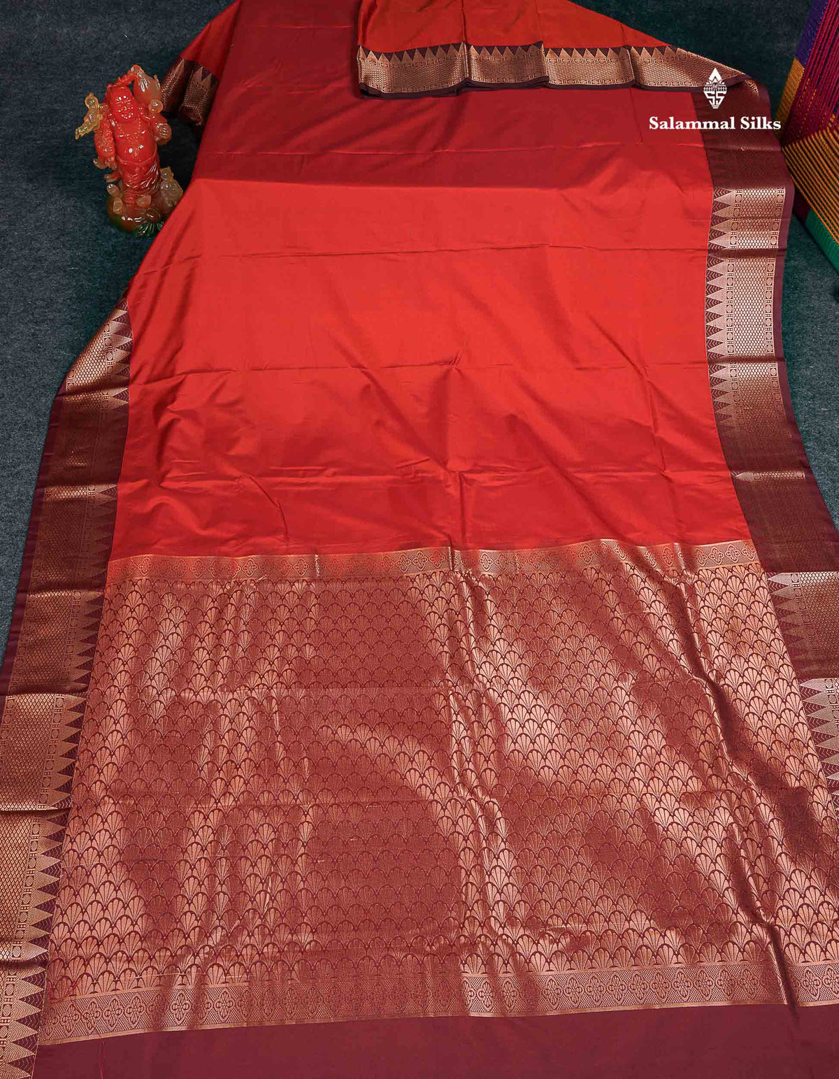 Semi Silk Saree -Rust Orange Colour Body Plain With Contrast Maroon Traditional Temple Border