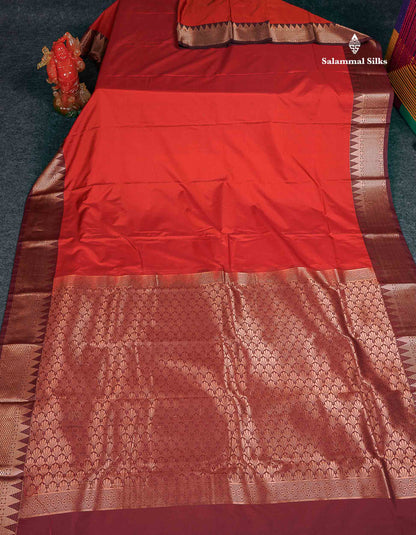 Semi Silk Saree -Rust Orange Colour Body Plain With Contrast Maroon Traditional Temple Border