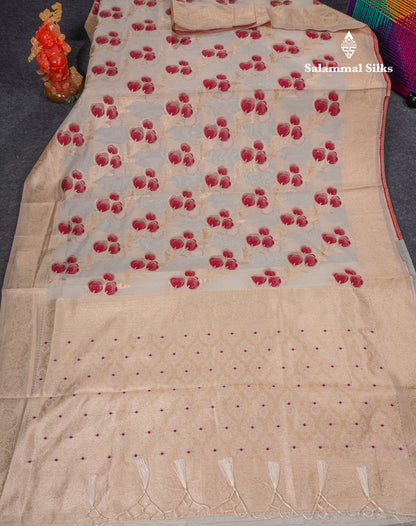 Beautiful Half White Navy Blue Meenakari Work Cotton Mix Saree With Fancy Border