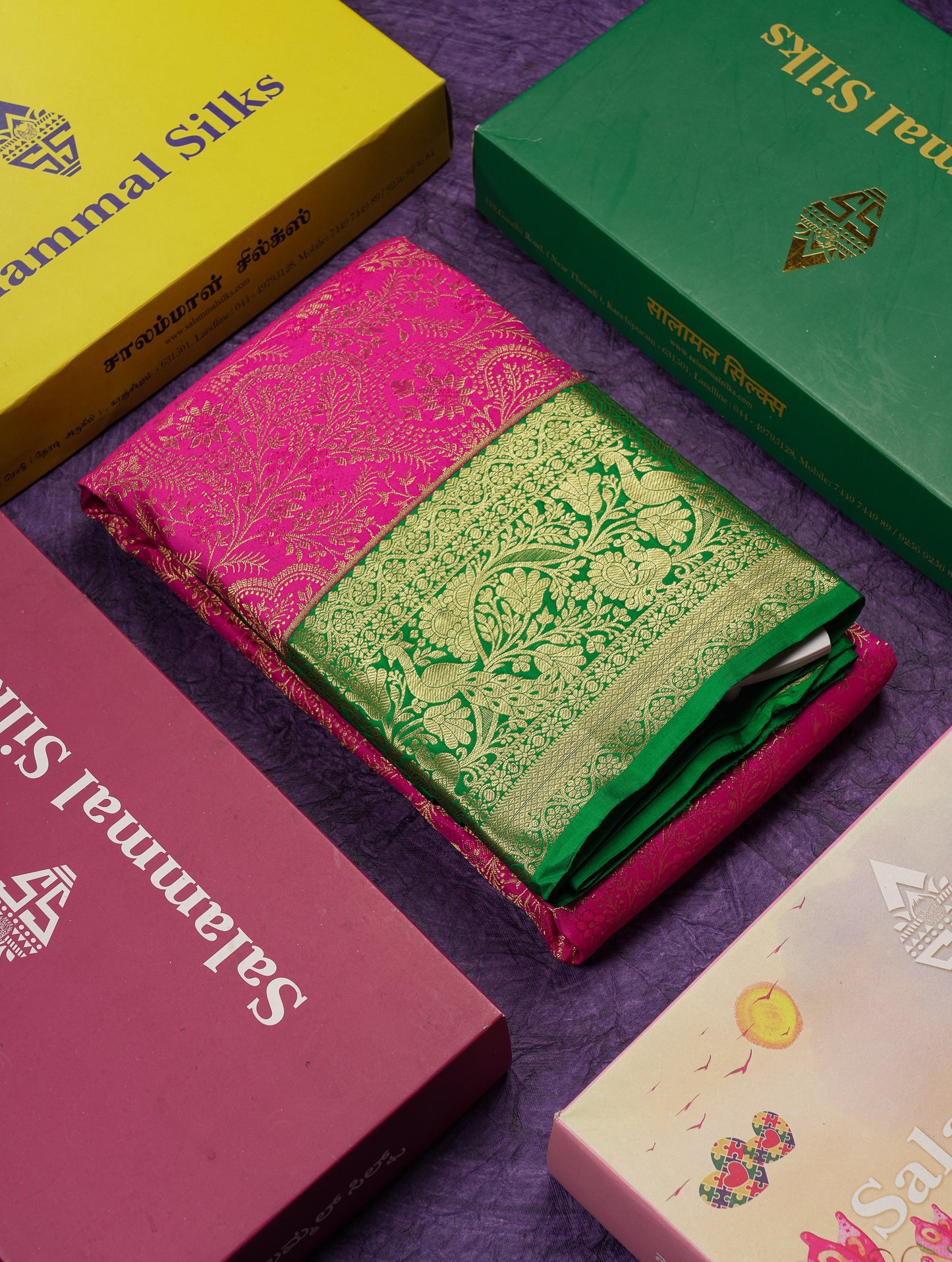 Beautiful Magenta Pink Bridal Pure Kanjivaram Silk Saree With Contrast Green Traditional Border