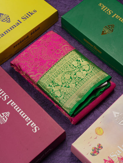 Beautiful Magenta Pink Bridal Pure Kanjivaram Silk Saree With Contrast Green Traditional Border