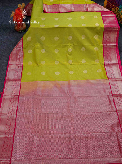 Beautiful Parrot Green Zari Lines With Butta Semi Silk Saree With Contrast Pink Traditional Border