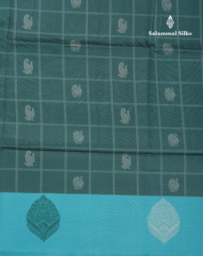 Rama Blue Checks With Butta Semi Tussar Saree With Contrast Sky Blue Fancy Border
