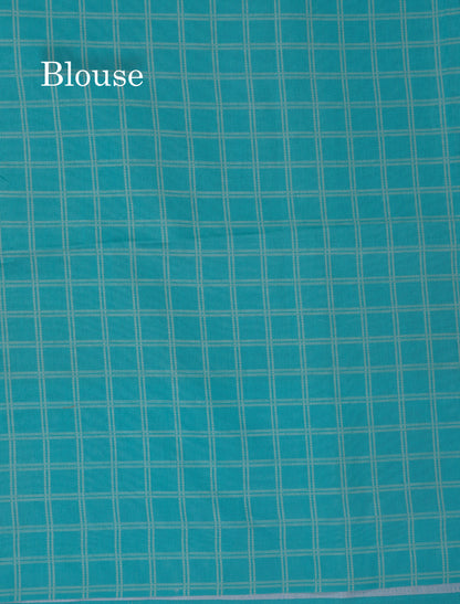Rama Blue Checks With Butta Semi Tussar Saree With Contrast Sky Blue Fancy Border