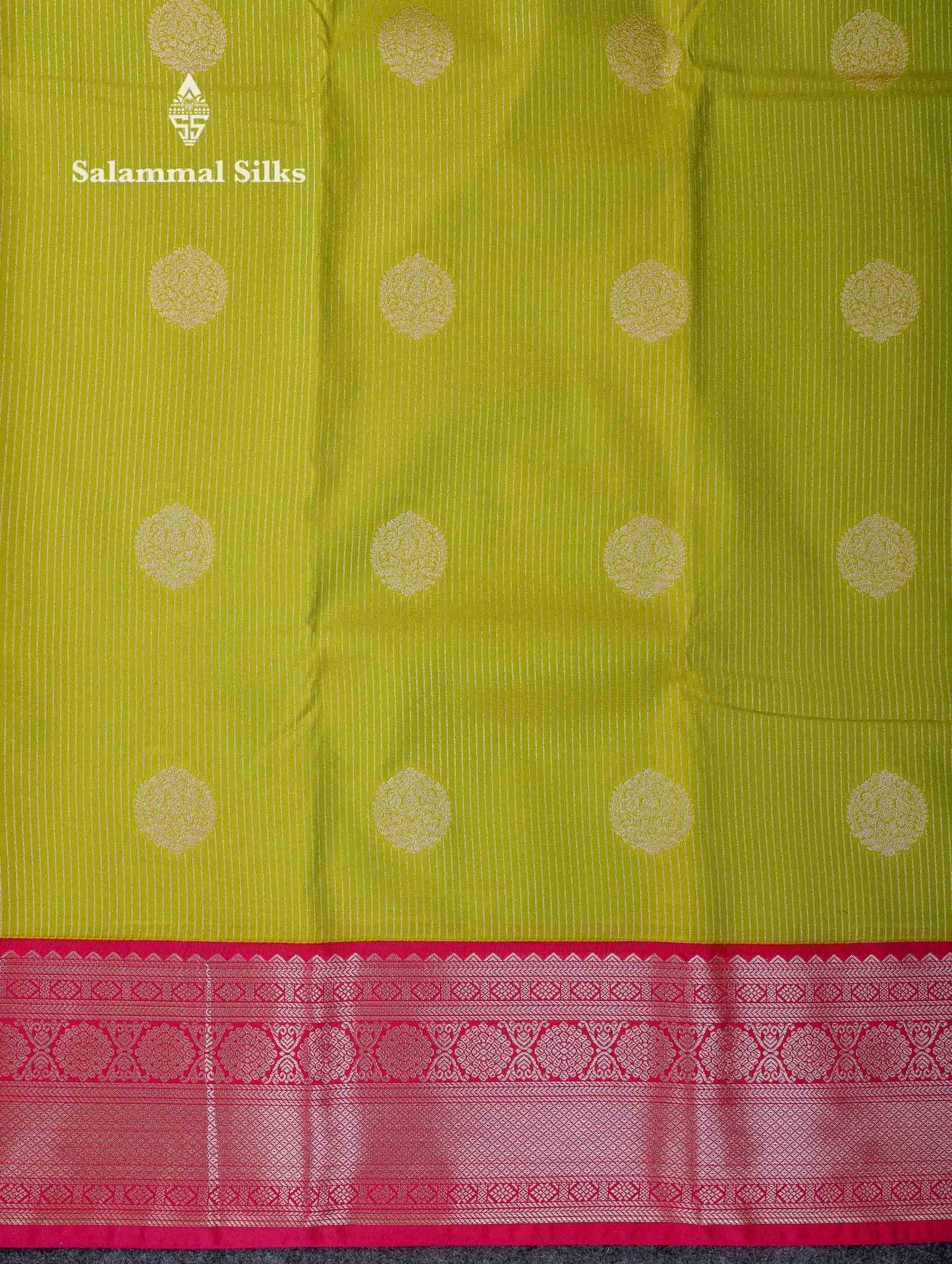 Beautiful Parrot Green Zari Lines With Butta Semi Silk Saree With Contrast Pink Traditional Border