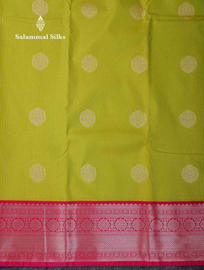 Beautiful Parrot Green Zari Lines With Butta Semi Silk Saree With Contrast Pink Traditional Border