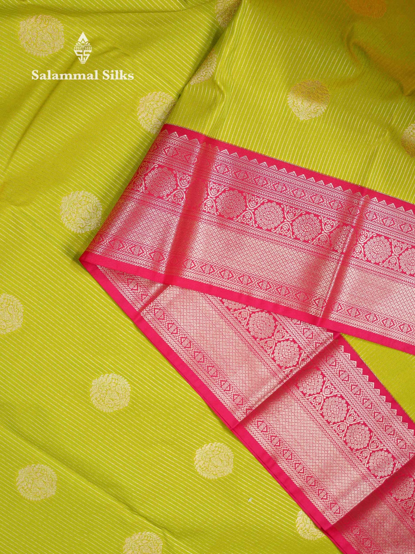Beautiful Parrot Green Zari Lines With Butta Semi Silk Saree With Contrast Pink Traditional Border