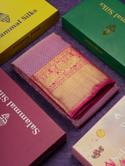 Beautiful Lavender Bridal Pure Kanjivaram Silk Saree With Contrast Pink Traditional Evening Morning Border