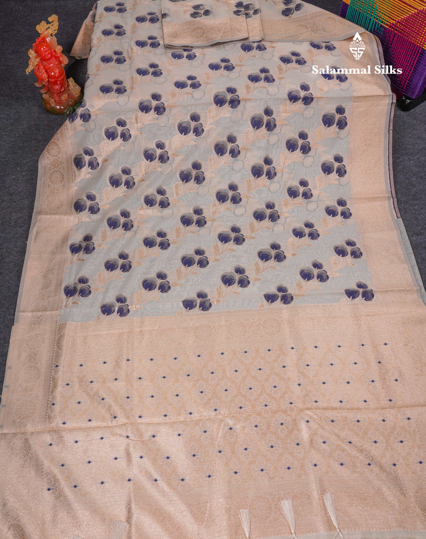 Beautiful Half White Navy Blue Meenakari Work Cotton Mix Saree With Fancy Border
