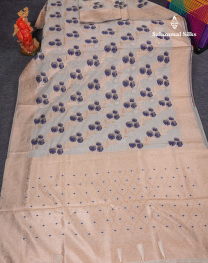 Beautiful Half White Navy Blue Meenakari Work Cotton Mix Saree With Fancy Border