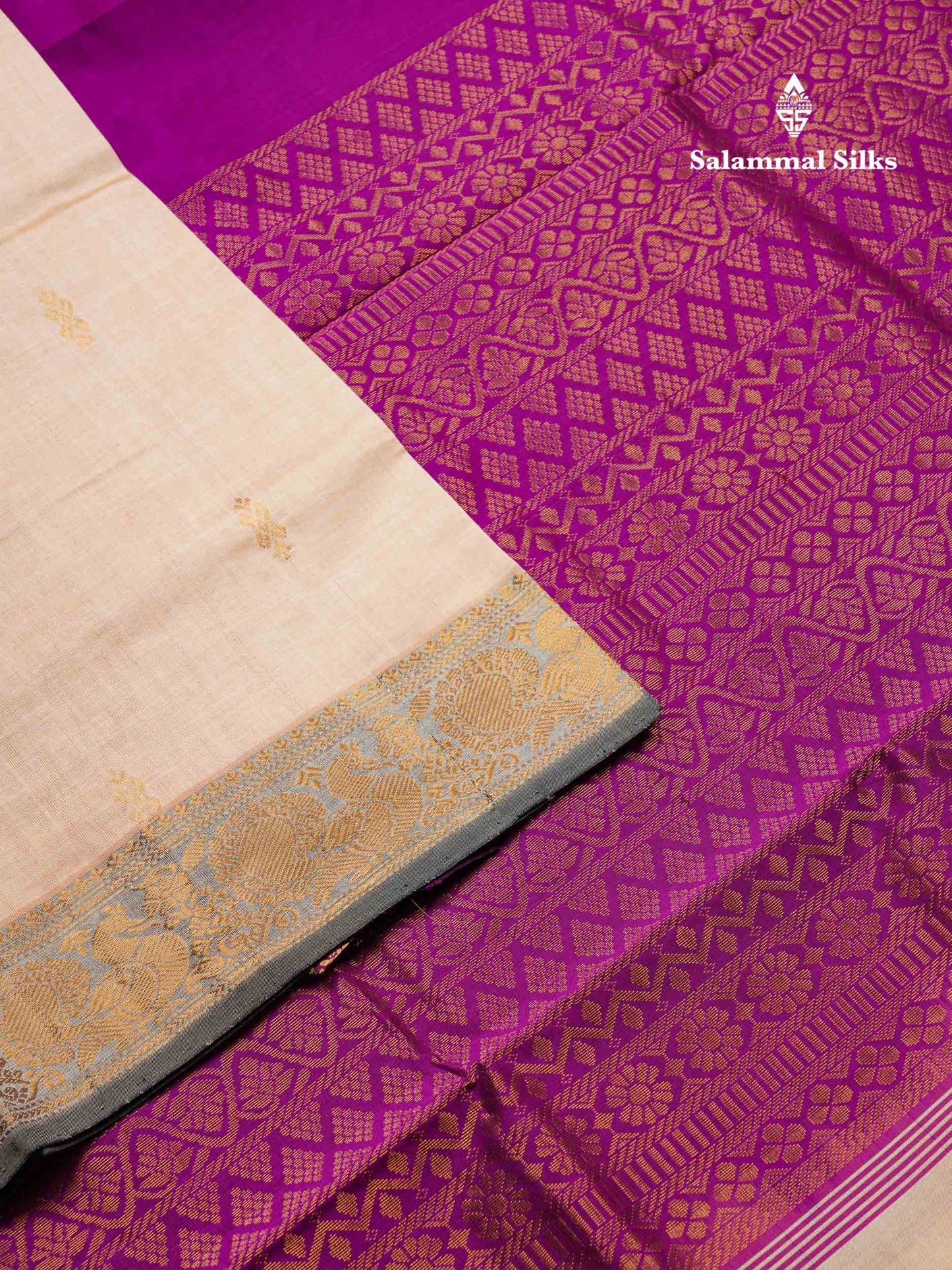 Beautiful Cream Sandal Semi Silk Cotton Saree With Contrast Vadamalli Blouse