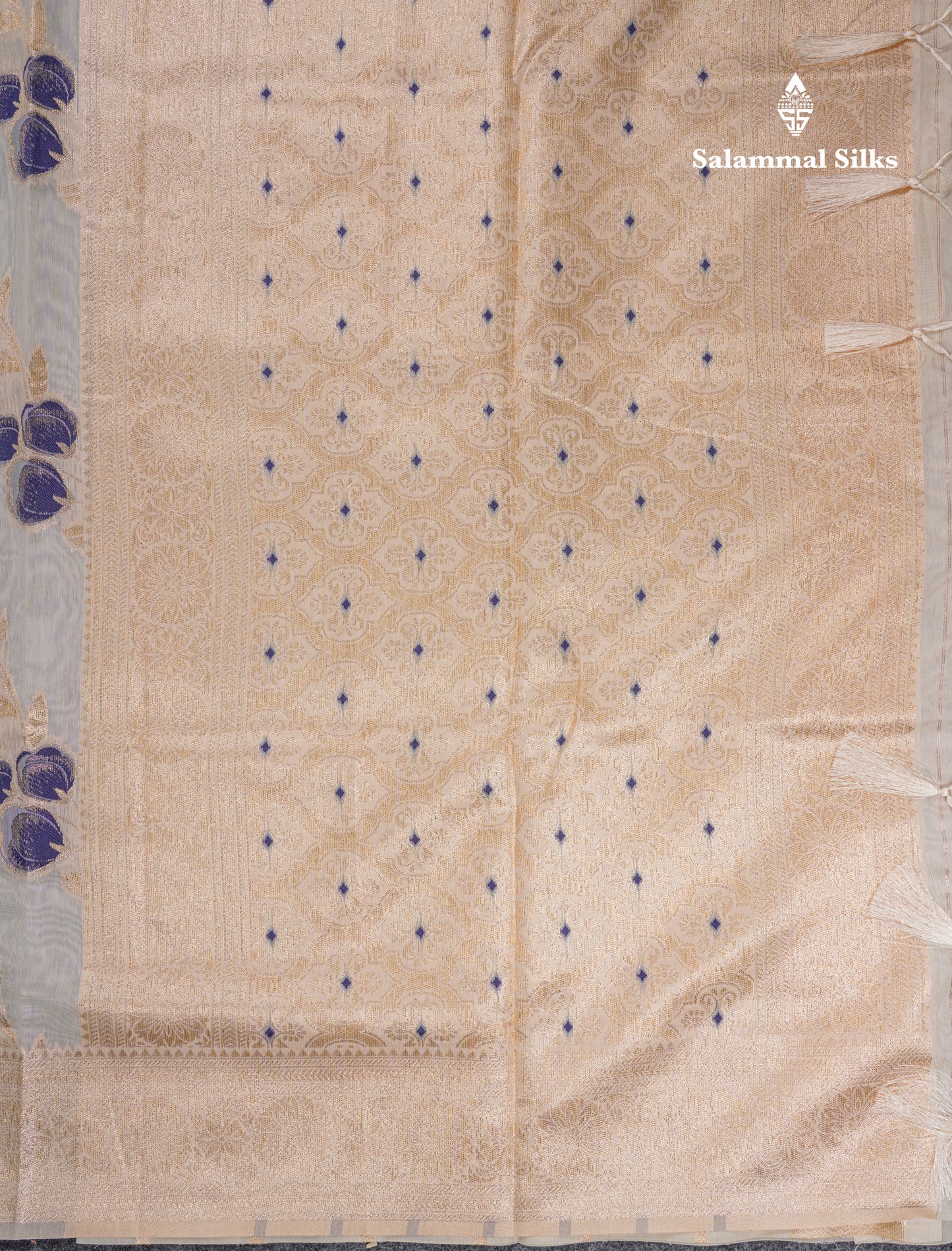 Beautiful Half White Navy Blue Meenakari Work Cotton Mix Saree With Fancy Border