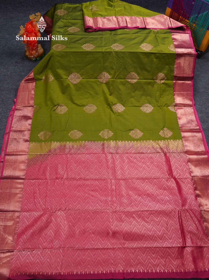 Beautiful Dark Olive Green Semi Silk Saree With Contrast Dual Tone Maroon Traditional Border