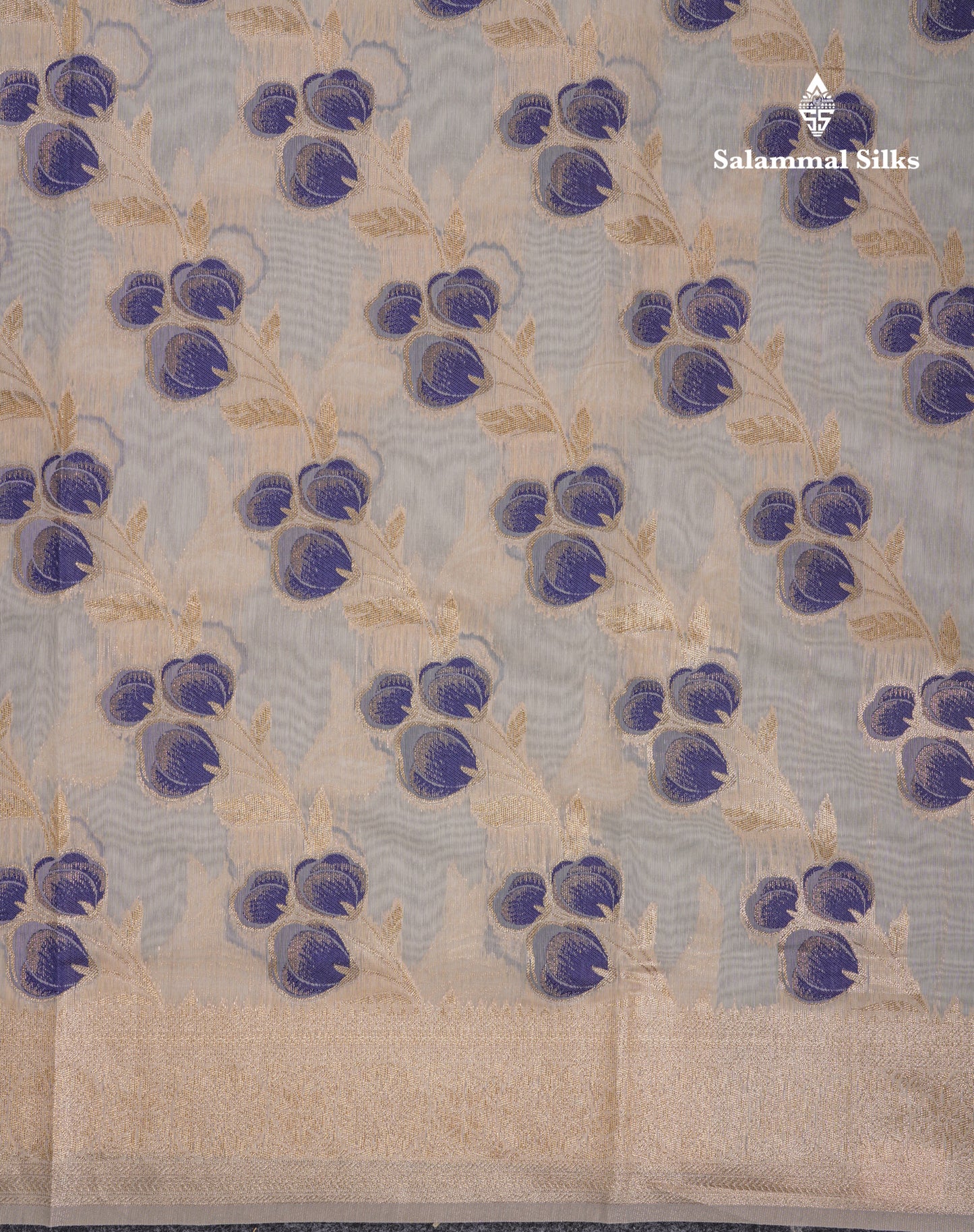 Beautiful Half White Navy Blue Meenakari Work Cotton Mix Saree With Fancy Border
