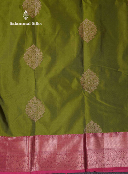 Beautiful Dark Olive Green Semi Silk Saree With Contrast Dual Tone Maroon Traditional Border