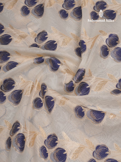 Beautiful Half White Navy Blue Meenakari Work Cotton Mix Saree With Fancy Border