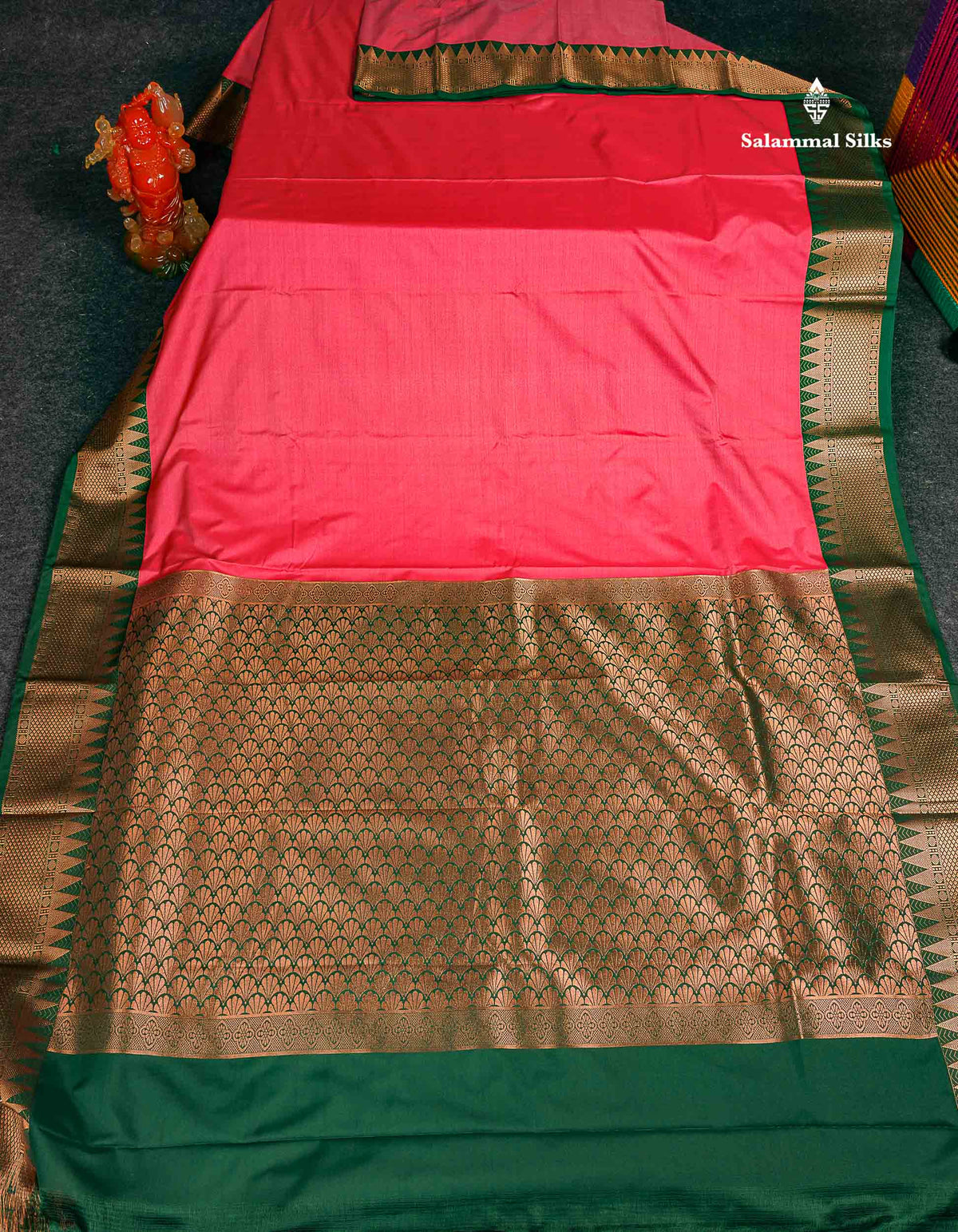 Semi Silk Saree - Light Pink Colour Body Plain With Contrast Bottle Green Traditional Temple Border