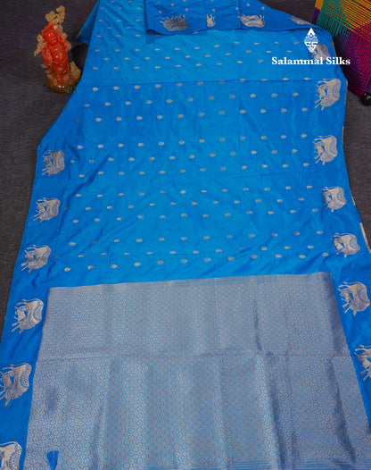Beautiful Sky Blue Semi Raw Silk Saree With Fancy Komatha Design Border